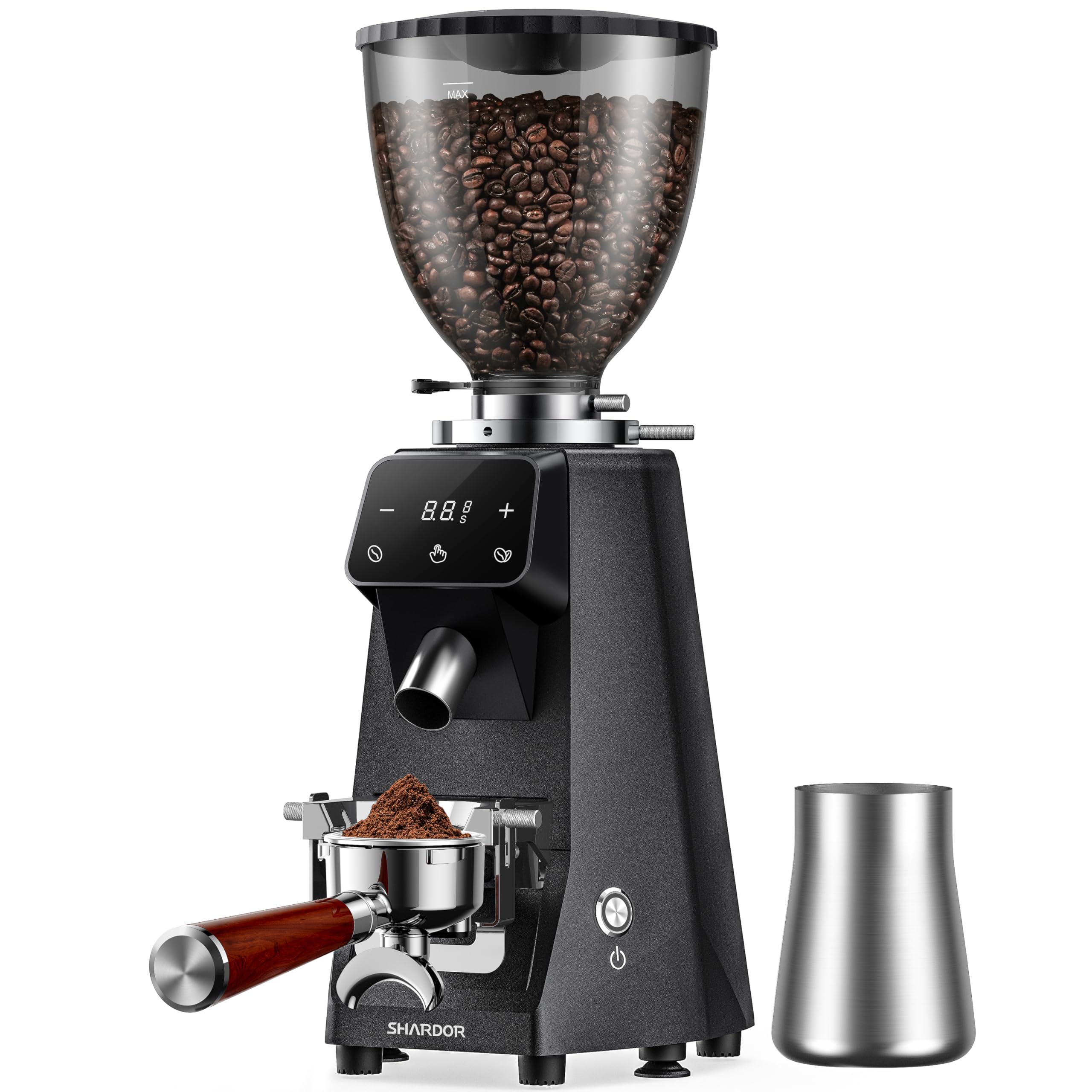 SHARDOR 64mm burr grinder front view; durable housing.