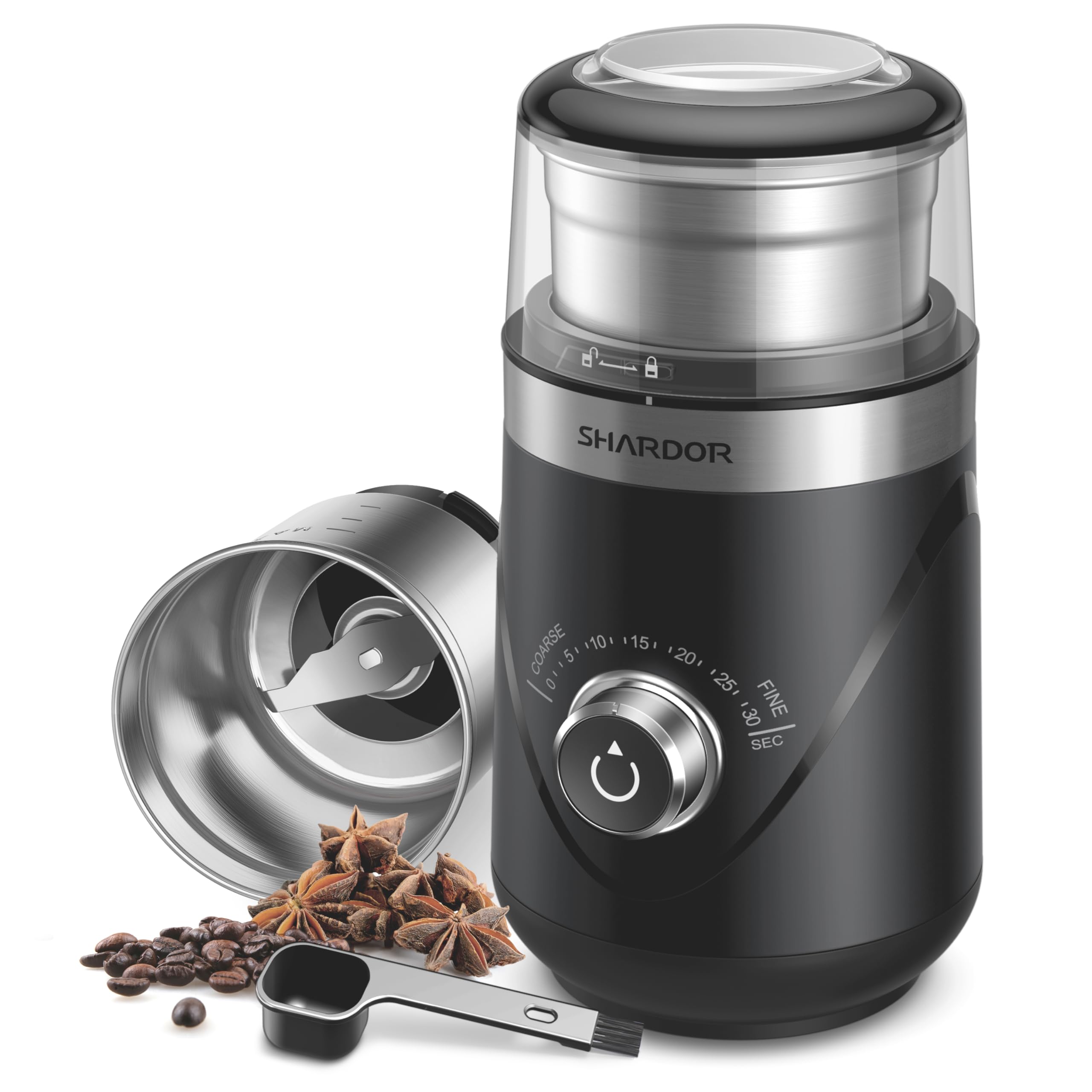 SHARDOR adjustable coffee grinder front view showing precise control for fresh grounds