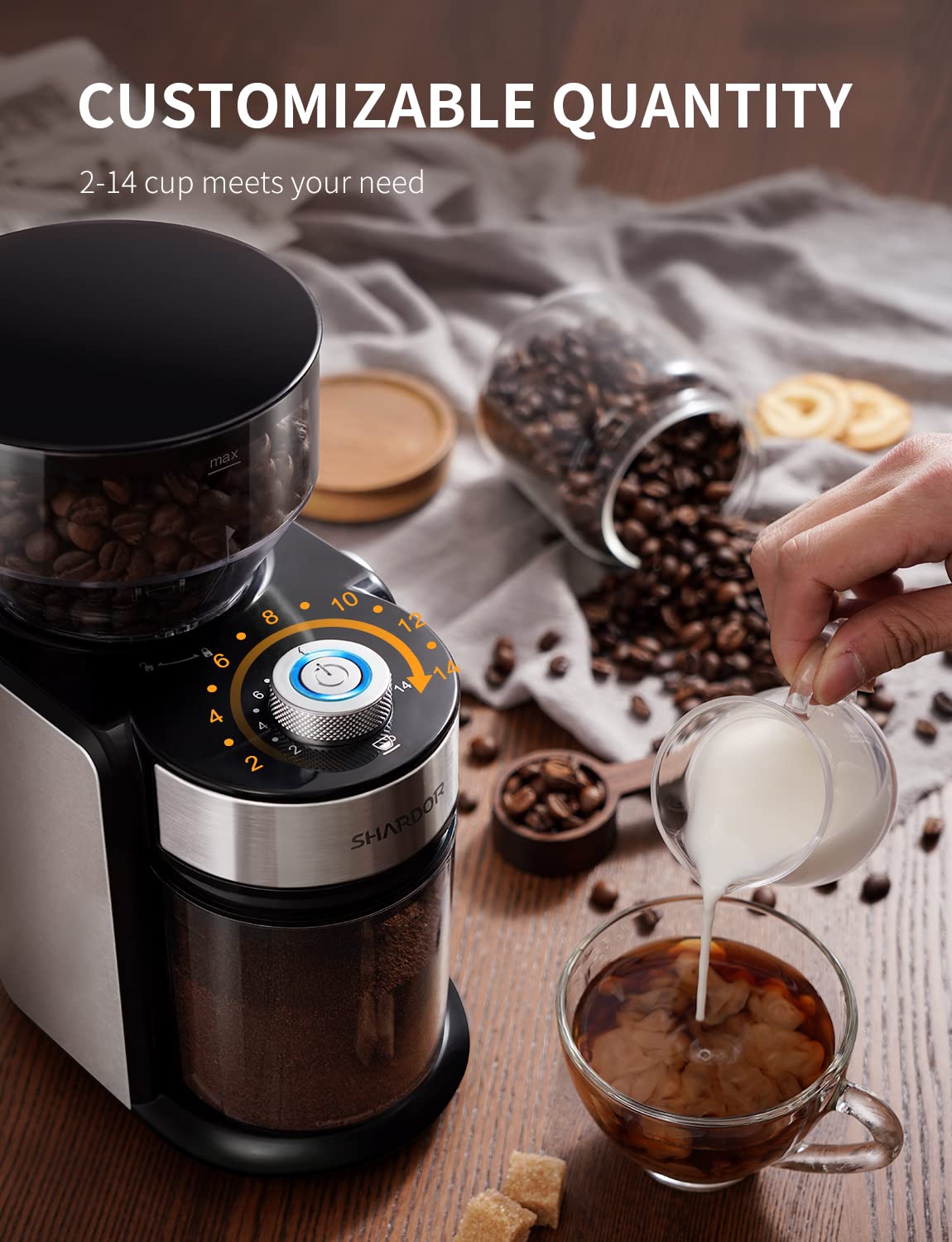 SHARDOR quantity cups display shows 2–14 cup grind on demand.