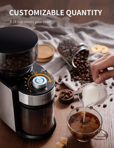 SHARDOR quantity cups display shows 2–14 cup grind on demand.