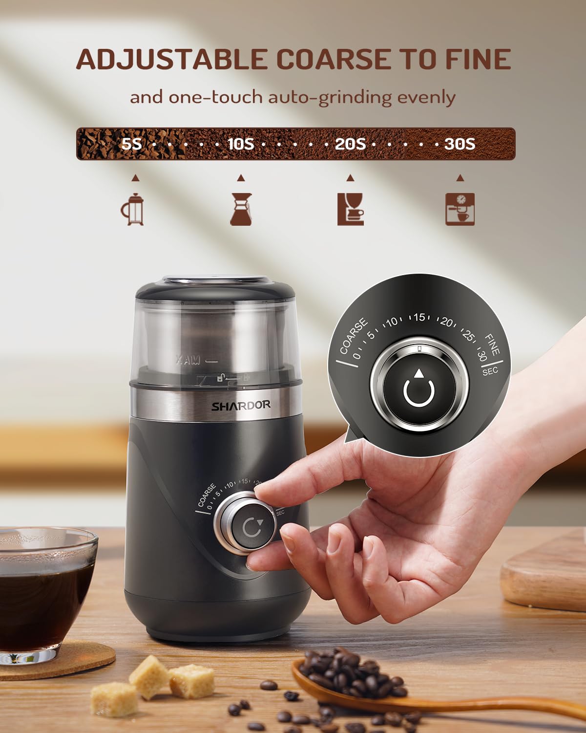 SHARDOR grinder with coffee beans ready for even grinding
