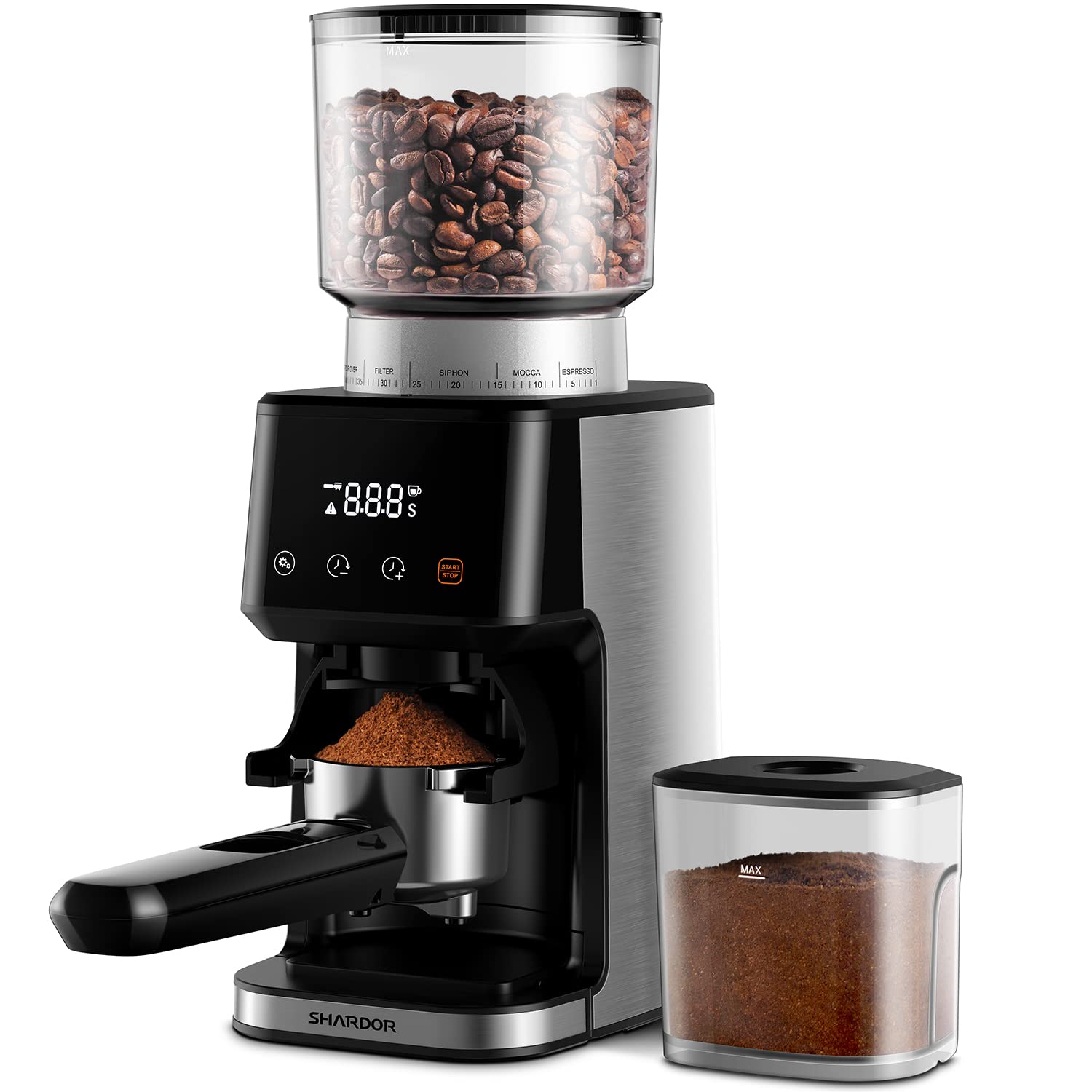 SHARDOR conical burr espresso grinder demonstrates precise grind for rich espresso aromas