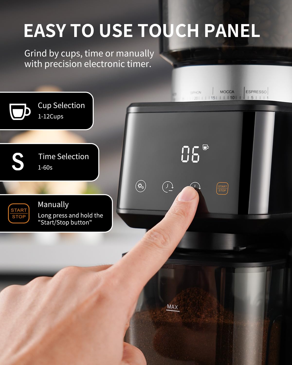 SHARDOR conical burr espresso grinder demonstrates even grind consistency for rich flavor