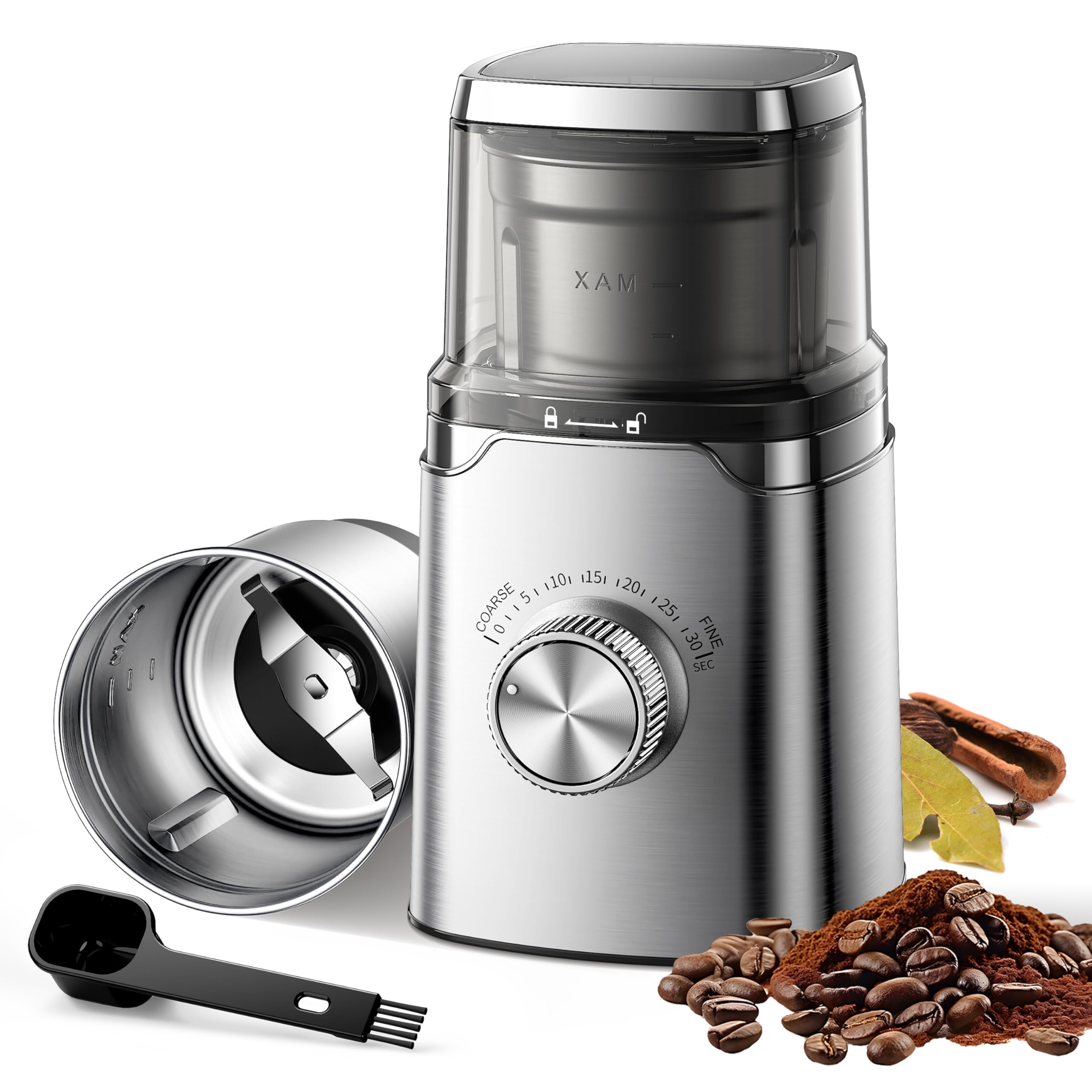SHARDOR electric coffee grinder front view with durable all-metal housing for long-lasting use.
