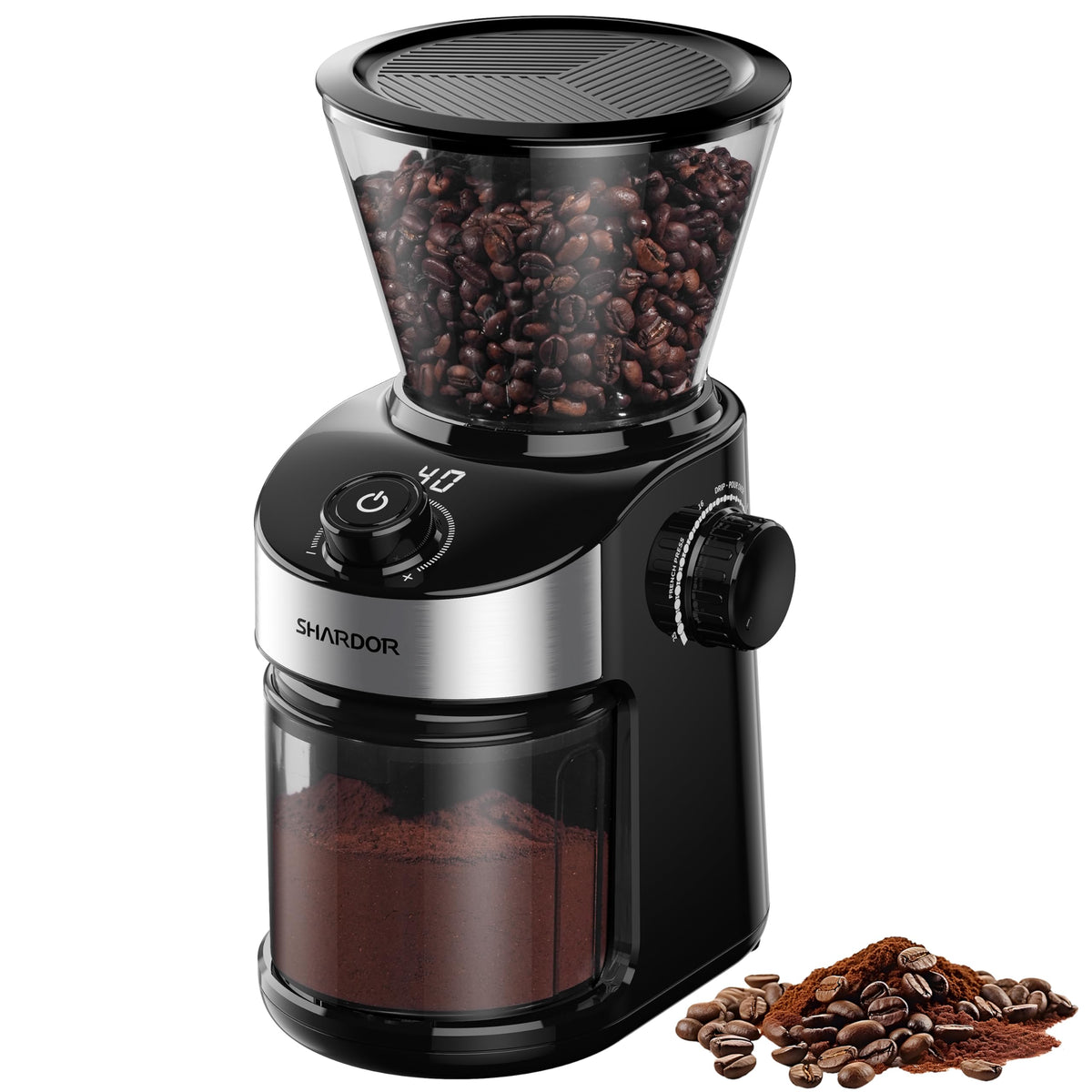 SHARDOR electric burr grinder shows espresso grind setting for home brewing