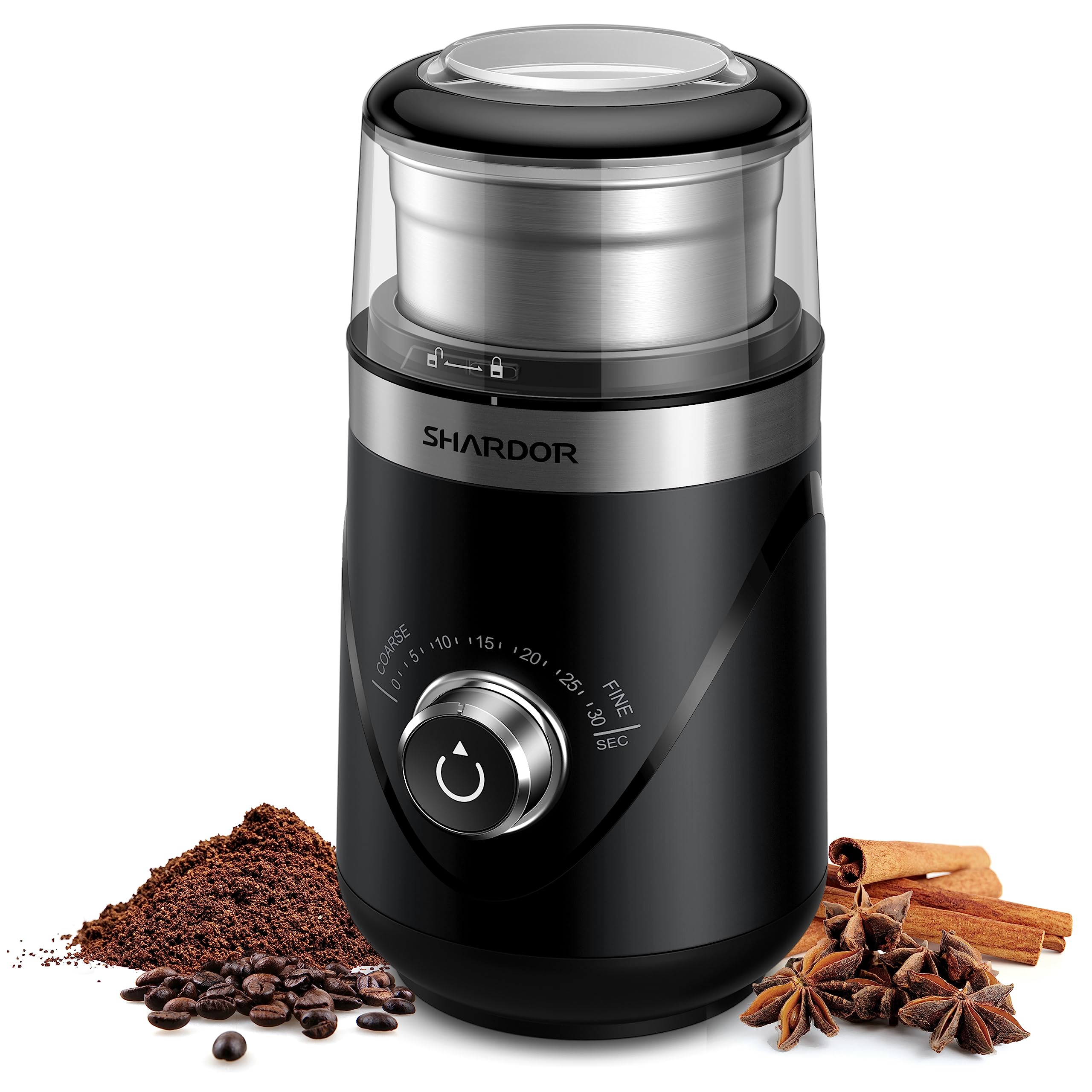 SHARDOR electric silent blade coffee grinder front view highlighting compact, quiet operation