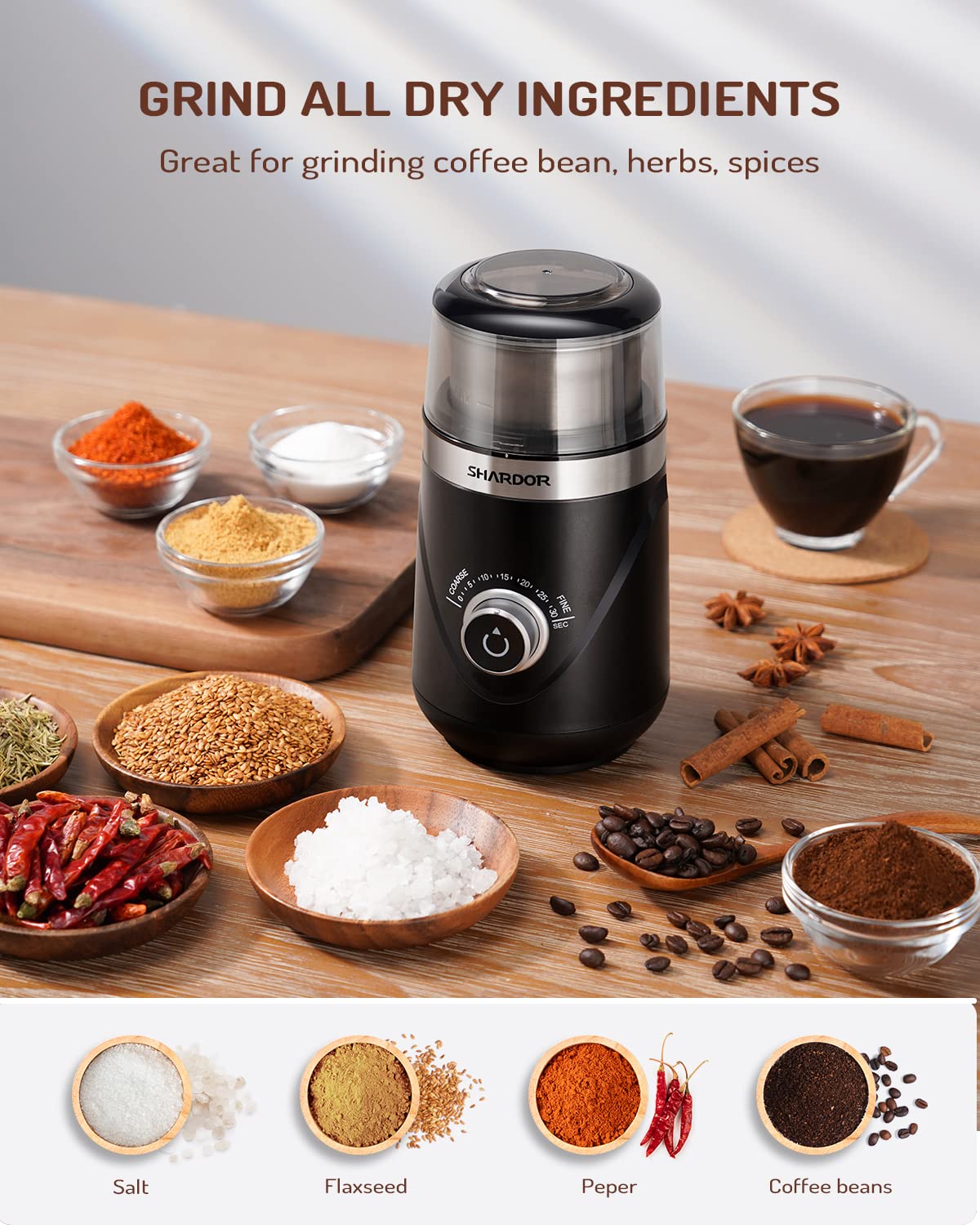 SHARDOR grinder grinding coffee beans to reveal aroma and consistent size