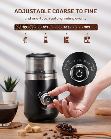 SHARDOR timed grind knob close-up showing precise control for coarse to fine textures