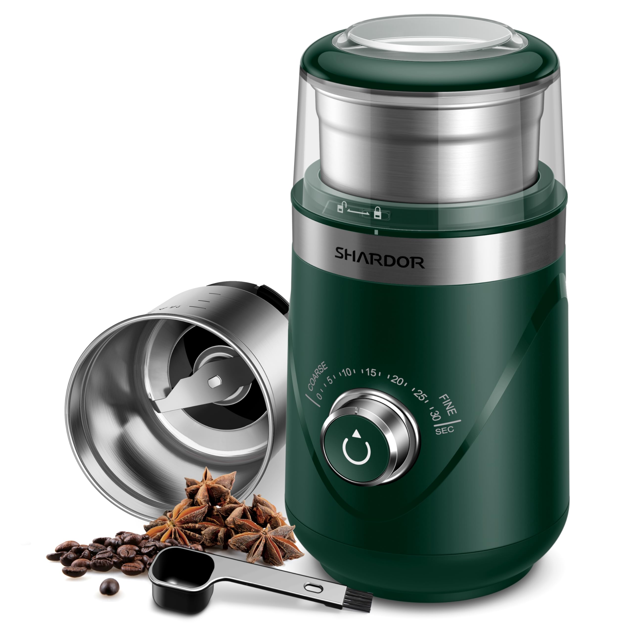 SHARDOR grinder with green body and compact design for quiet mornings