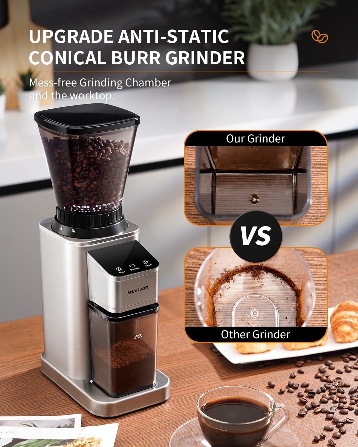 SHARDOR grinder showing 48 grind settings for espresso to French press