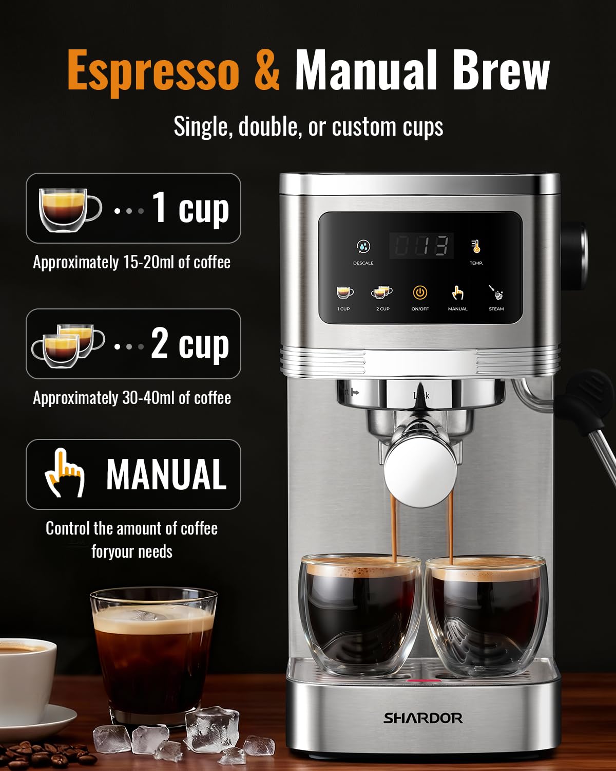 SHARDOR espresso machine 45oz water tank minimizes refills during sessions.