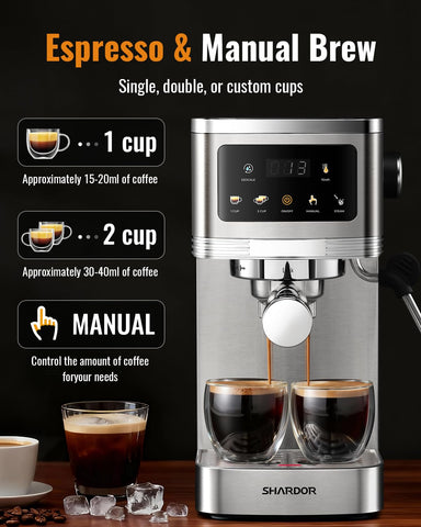 SHARDOR espresso machine 45oz water tank minimizes refills during sessions.