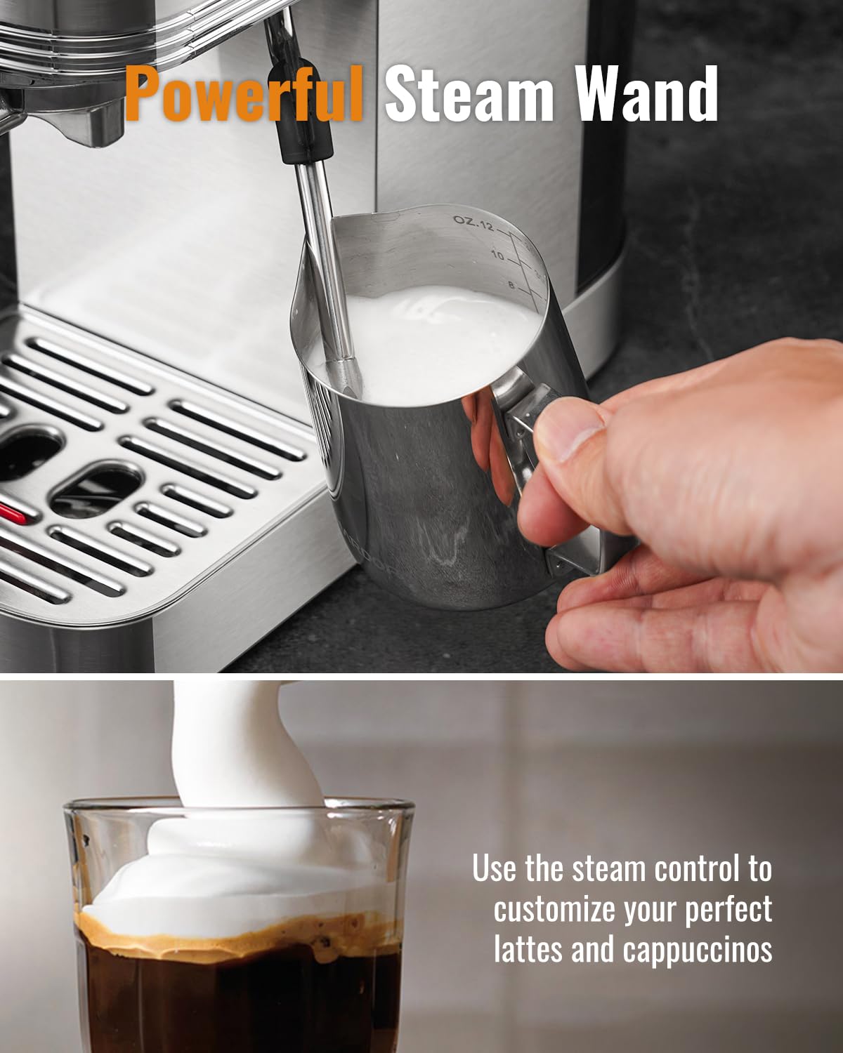 SHARDOR espresso machine steam wand creates creamy microfoam for lattes.