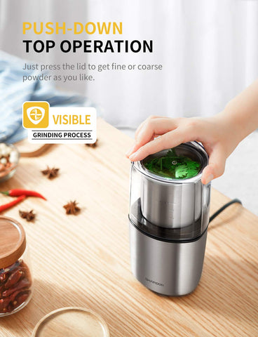 Compact, silver triangular prism design of SHARDOR grinder fits countertops