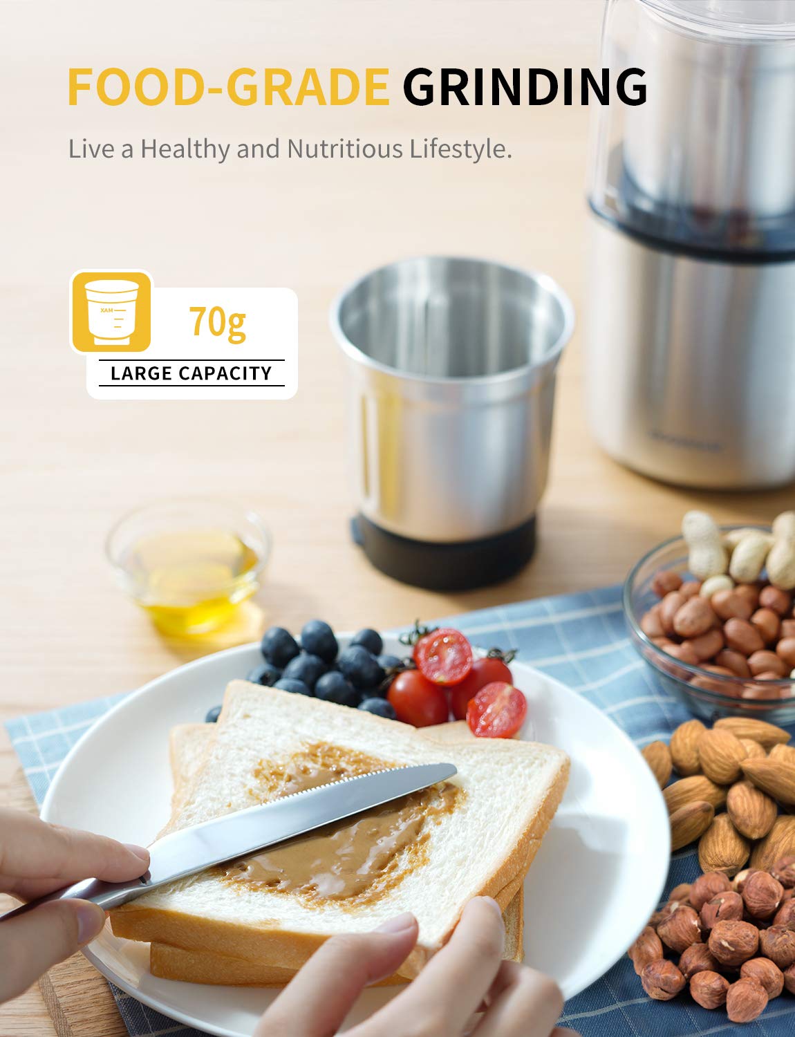 Safety lid and non-slip base keep SHARDOR grinder secure during use