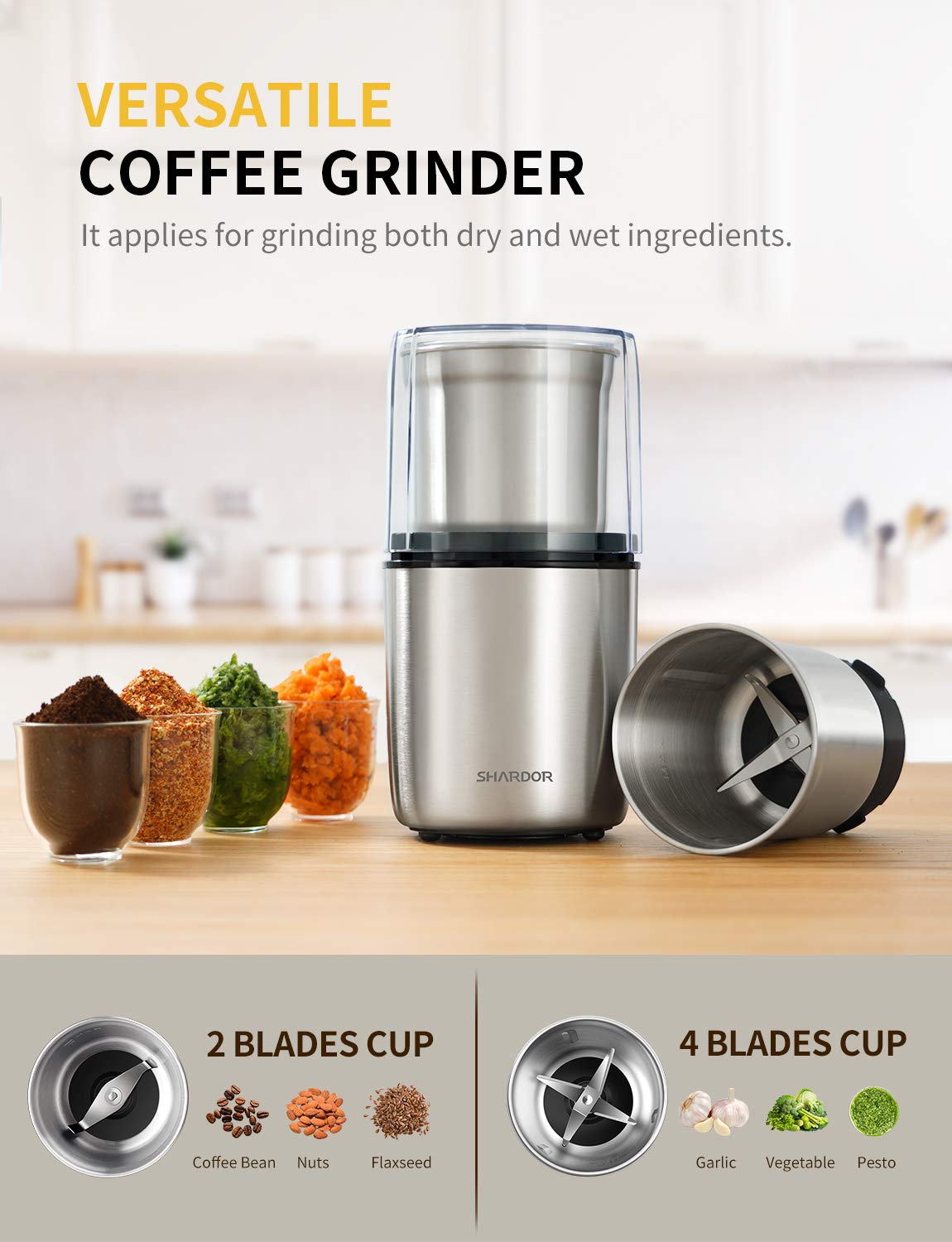 Two removable cups for dry and wet grinding versatility with SHARDOR