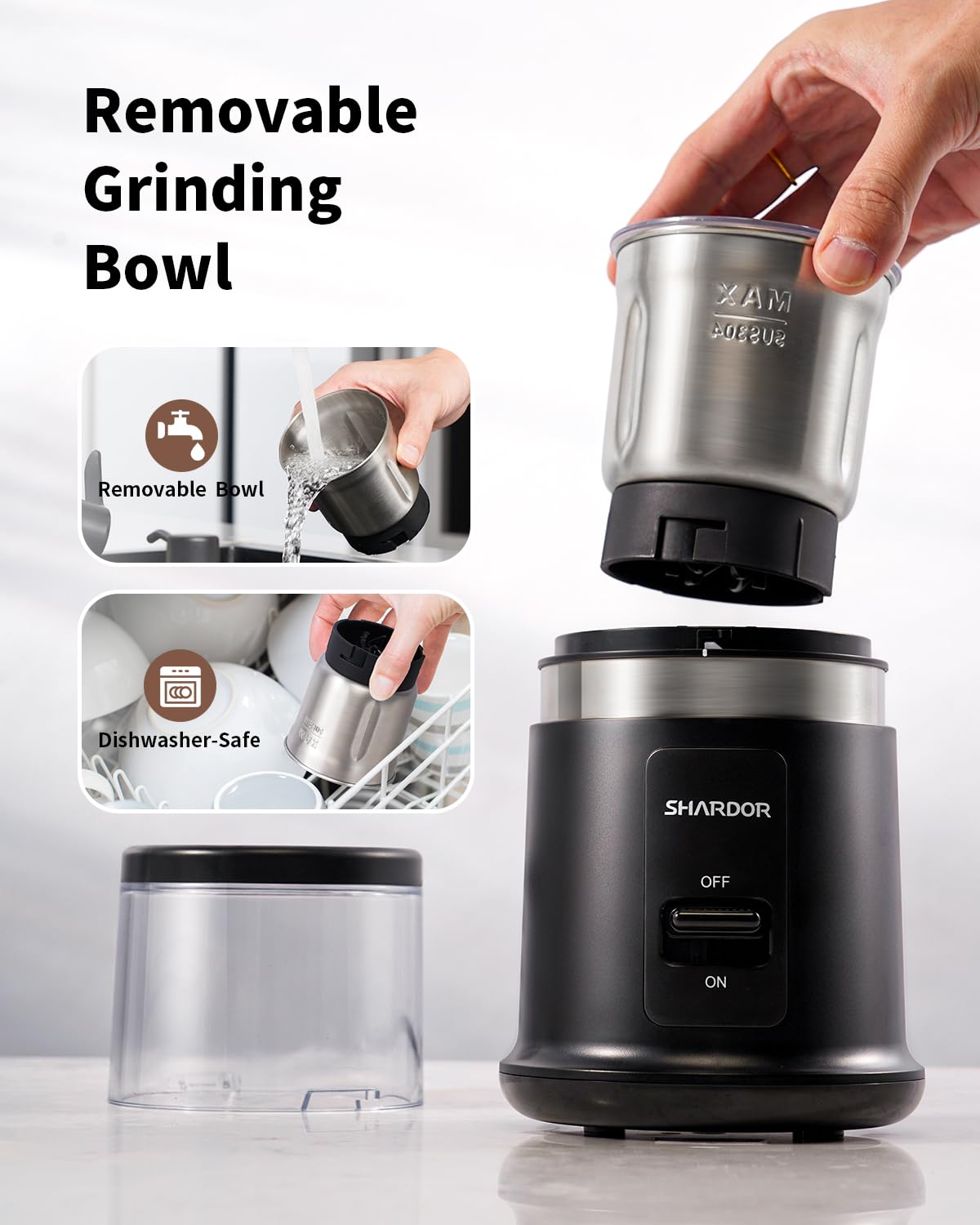 SHARDOR grinder with upgraded blades delivering even grind across dry ingredients.