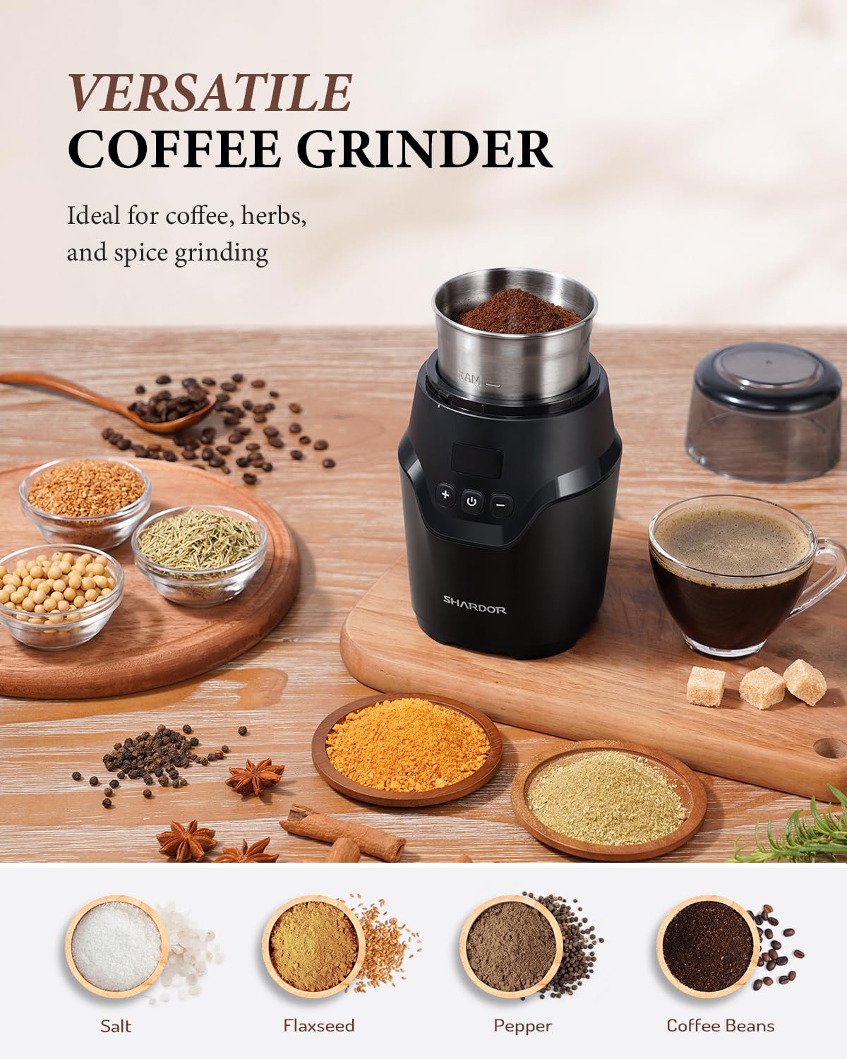SHARDOR compact multi-functional grinder for nuts, herbs, and spices