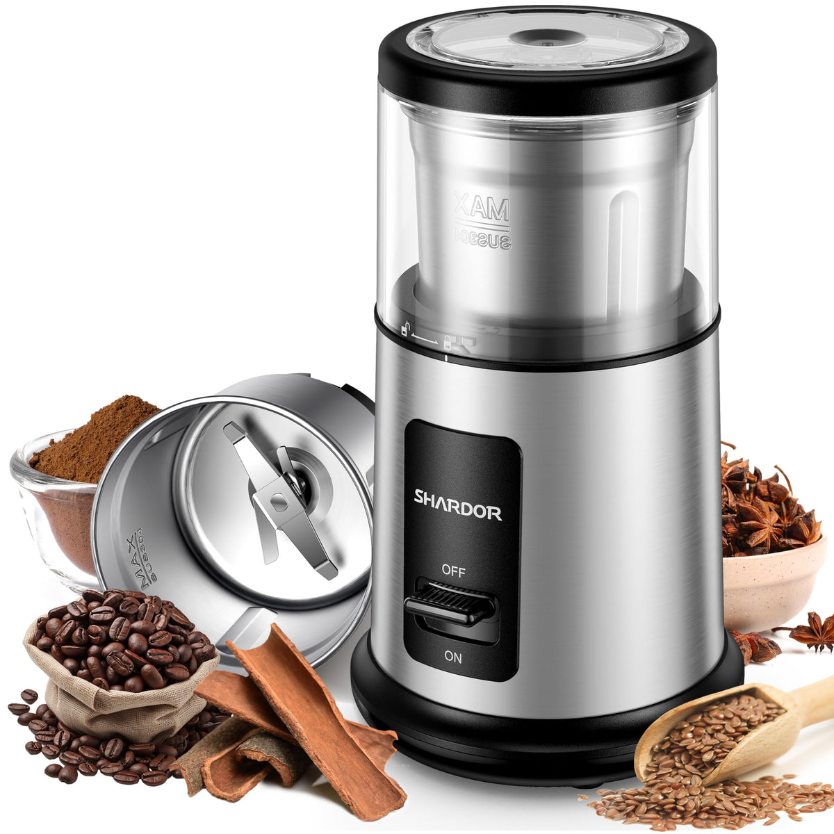 SHARDOR One Touch grinder with coffee beans for a consistent grind and rich aroma