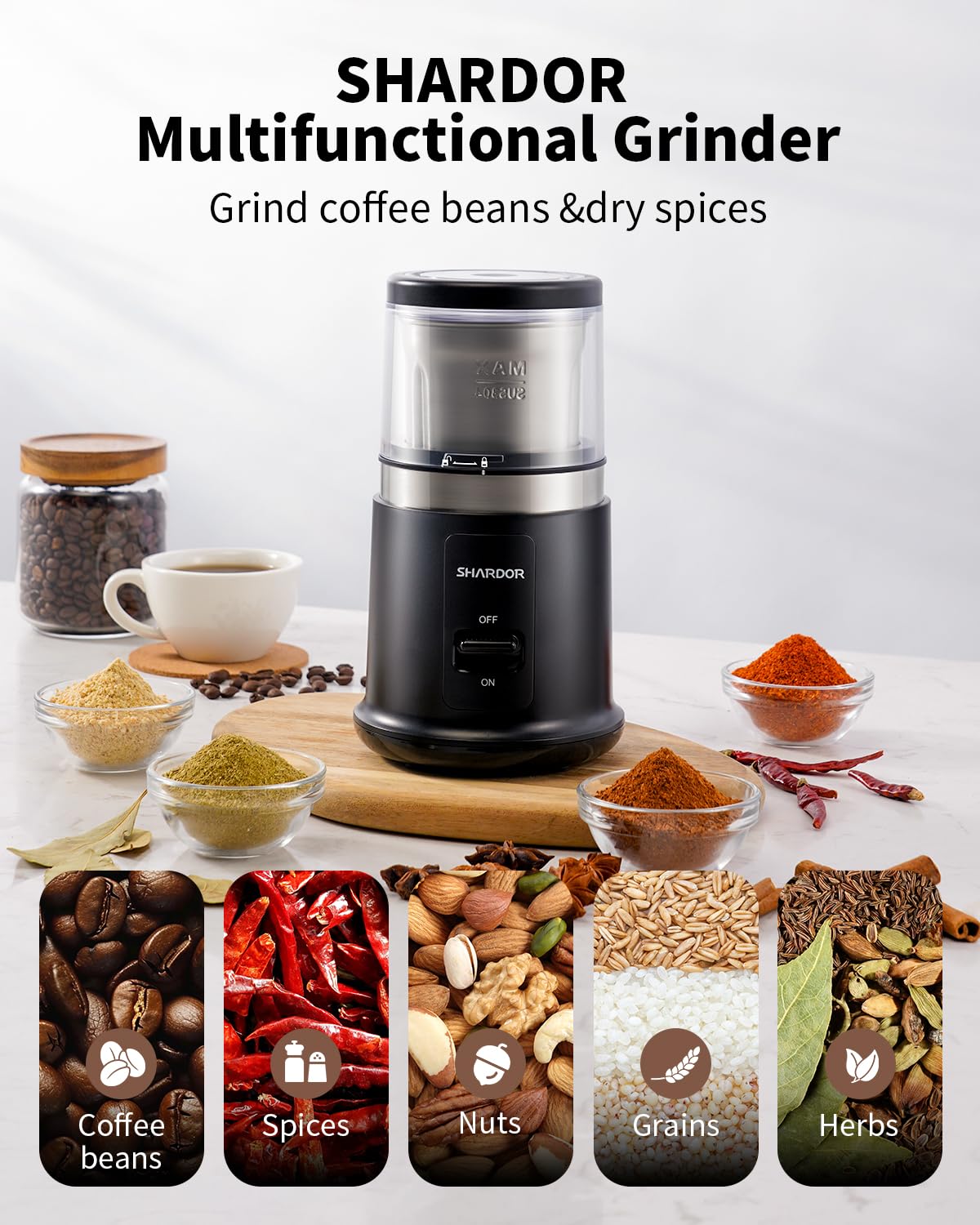 SHARDOR One Touch Grinder removable stainless steel cup shown for easy filling and pouring.