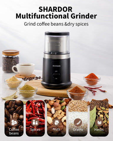 SHARDOR One Touch Grinder removable stainless steel cup shown for easy filling and pouring.