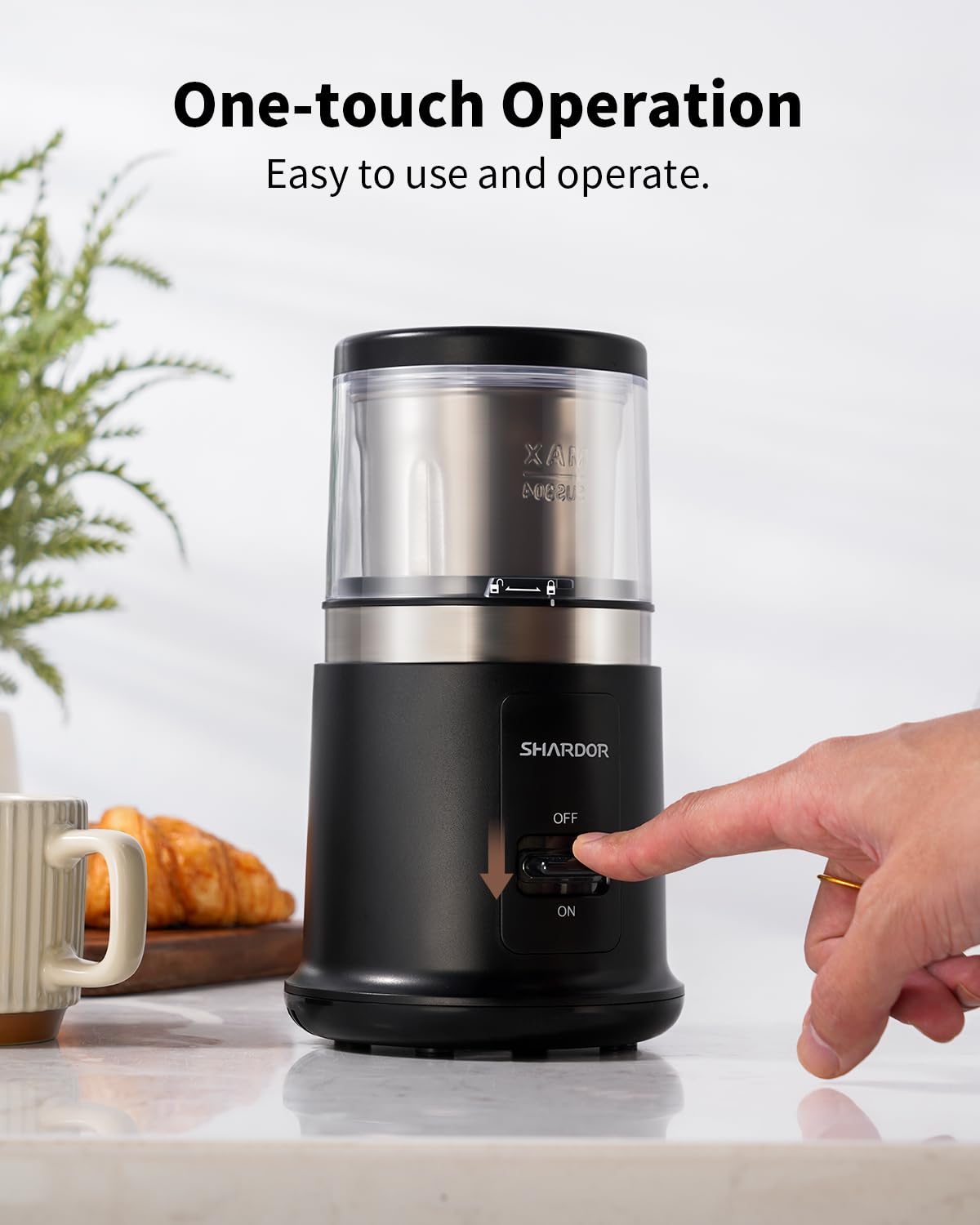 SHARDOR One Touch Grinder highlighting a 2-year warranty for peace of mind.