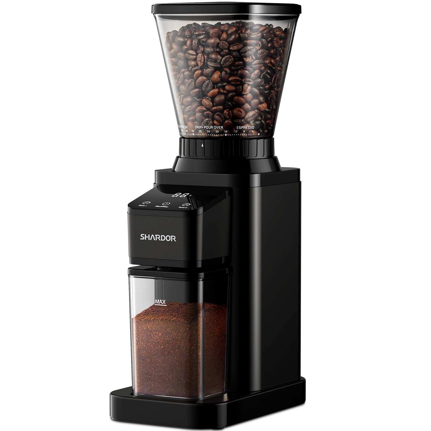SHARDOR Professional conical burr grinder front view in black for consistent espresso grind