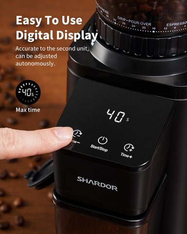 SHARDOR conical burr grinder grinding dial shows 48 settings for espresso to French press