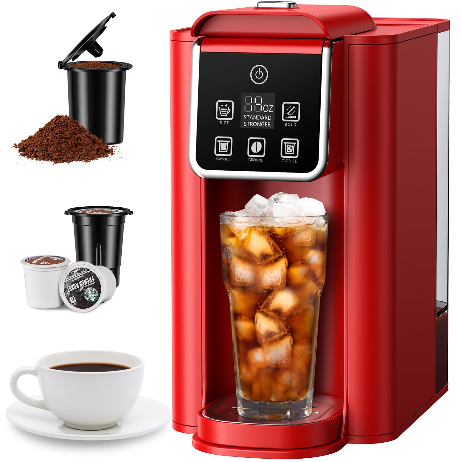 SHARDOR single-serve coffee maker red front view for quick hot or iced coffee.