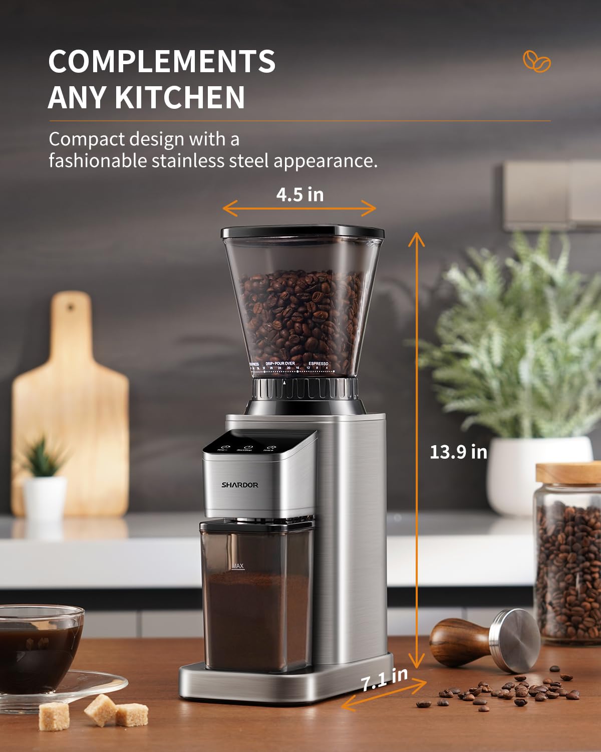 SHARDOR stainless steel grinder design complements kitchen aesthetics