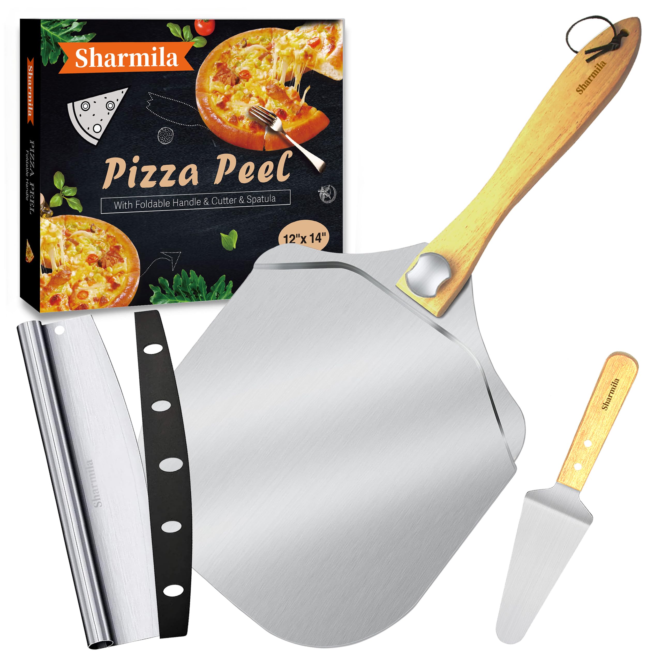 Sharmila 12-inch pizza peel with aluminum surface for smooth dough transfer.