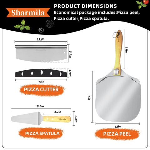 Sharmila pizza peel with foldable wooden handle for compact storage.