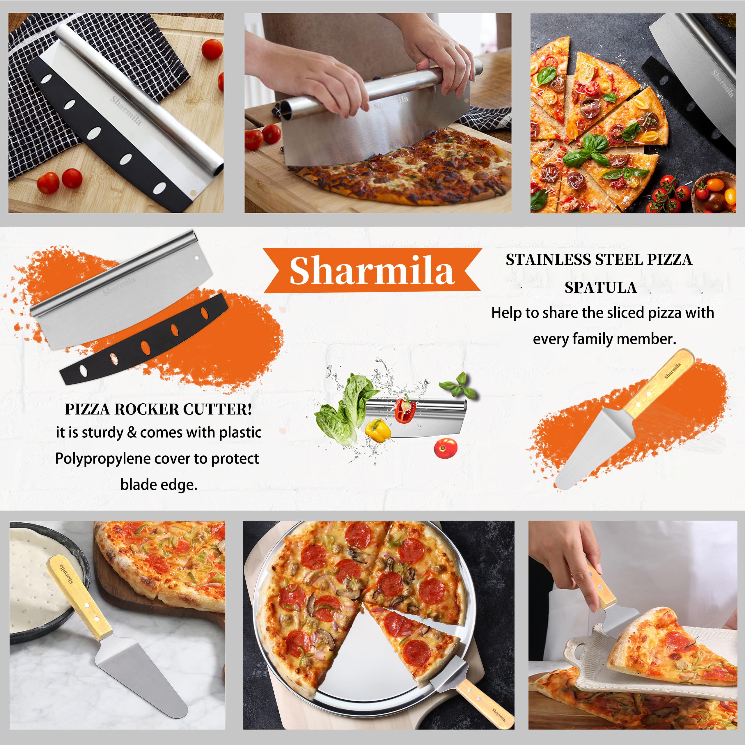 Sharmila pizza peel in use near oven for easy transfer.