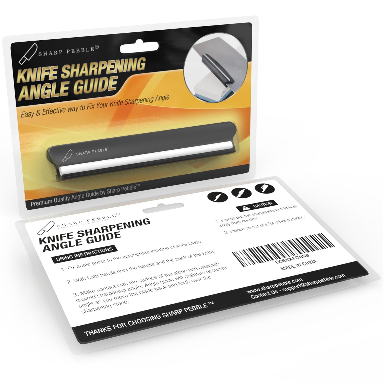 Sharp Pebble angle guide fits all knife sizes for versatile sharpening.