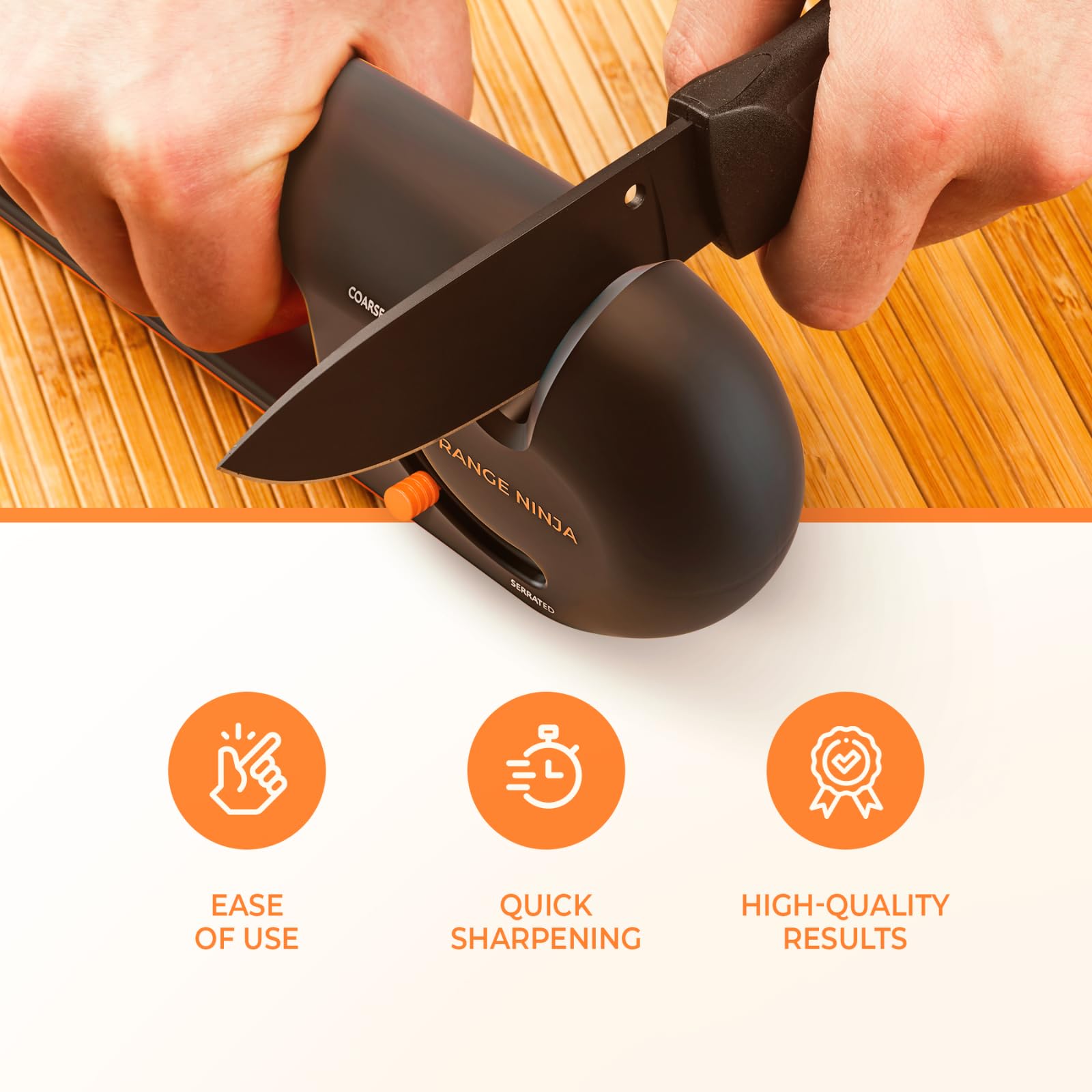 Sharp Pebble Orange Ninja ergonomic handle provides comfortable grip
