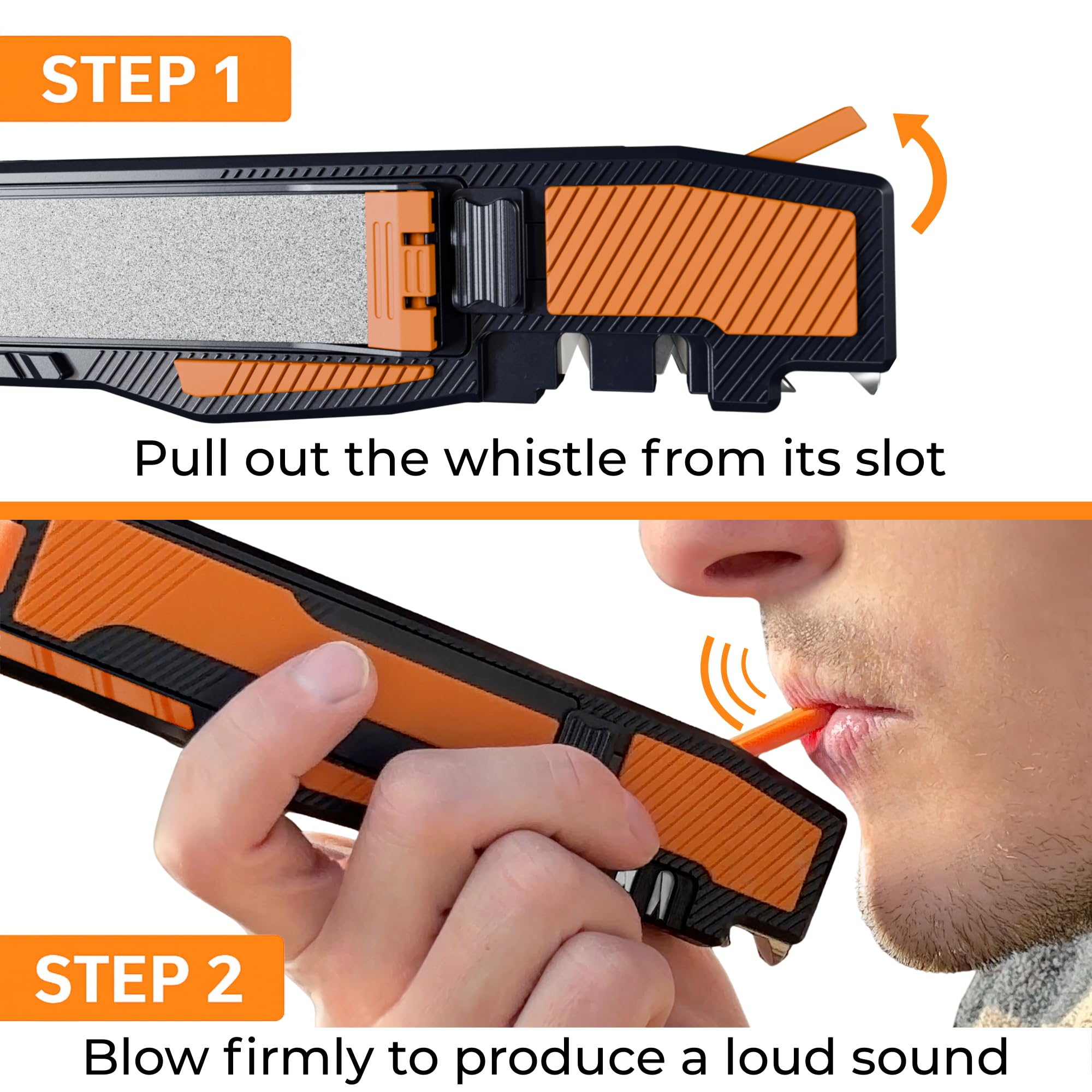 Emergency whistle on the Orange Ninja sharpener for signaling in the field.