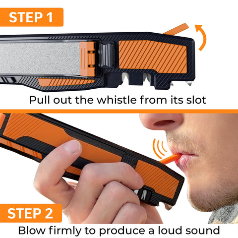 Emergency whistle on the Orange Ninja sharpener for signaling in the field.