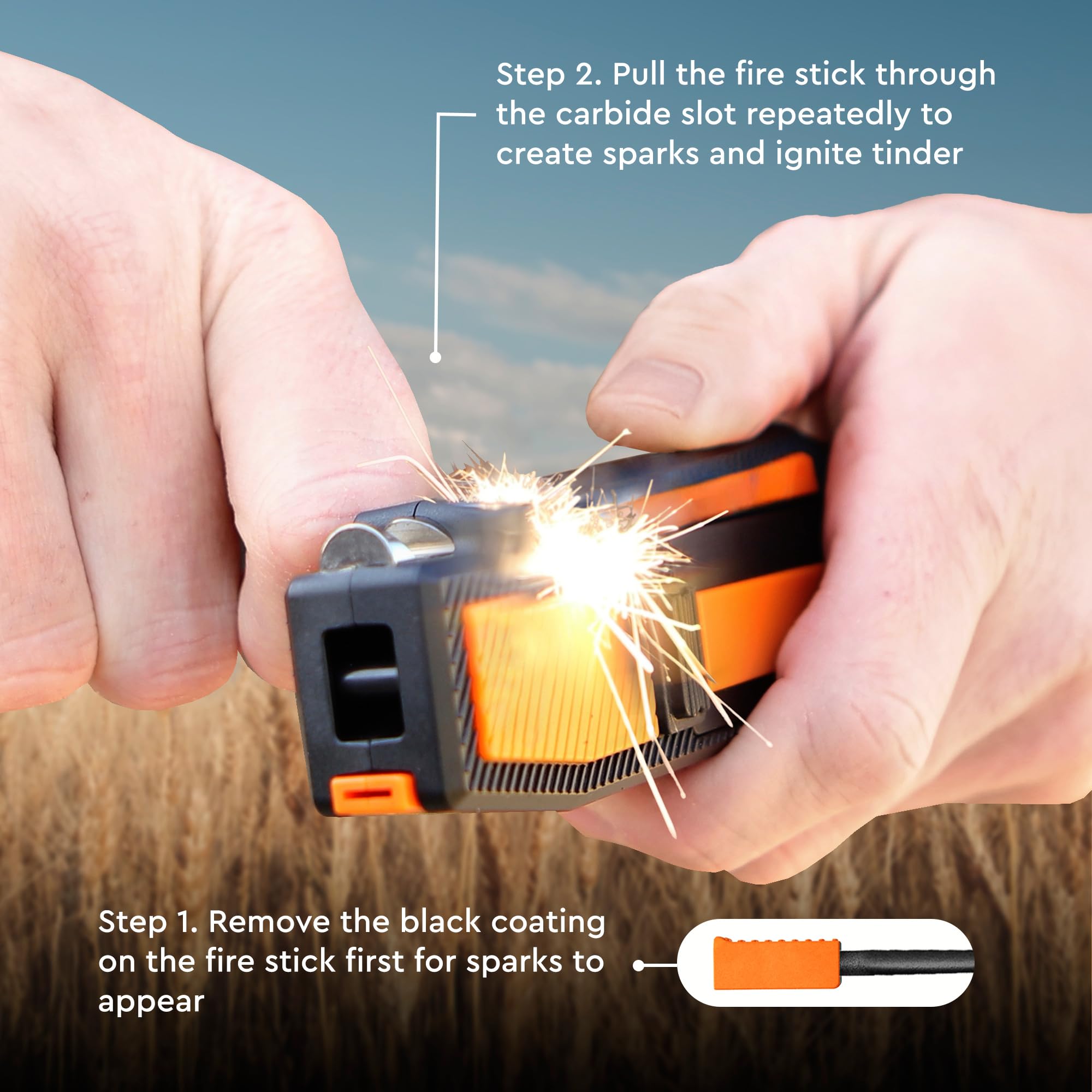 Ferro fire-starter integrated in the Orange Ninja for emergency sparks.