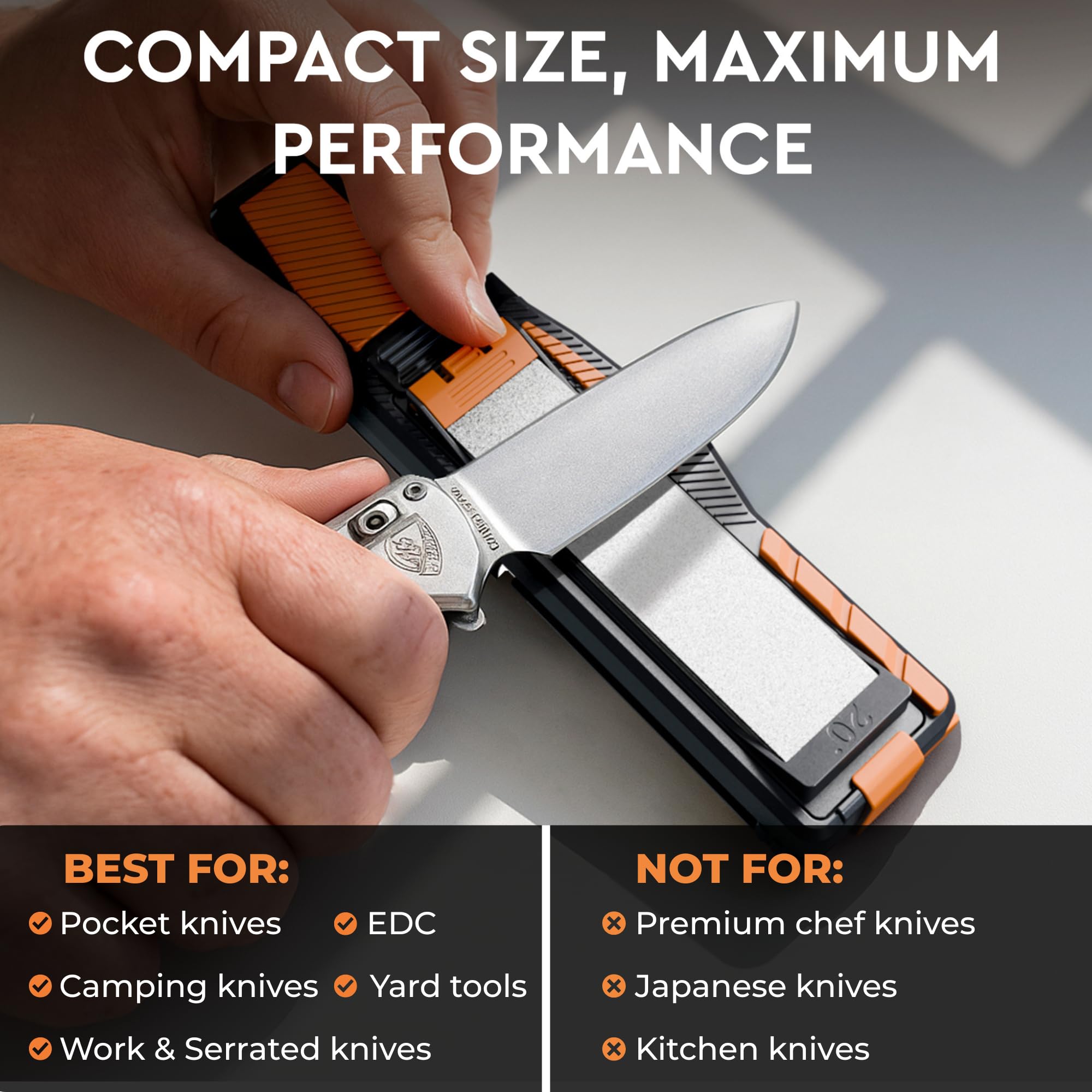 Leather strop on the Orange Ninja sharpener for a refined finish.