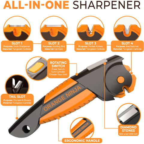 Orange Ninja sharpener sharpening knife blades to a razor-ready edge
