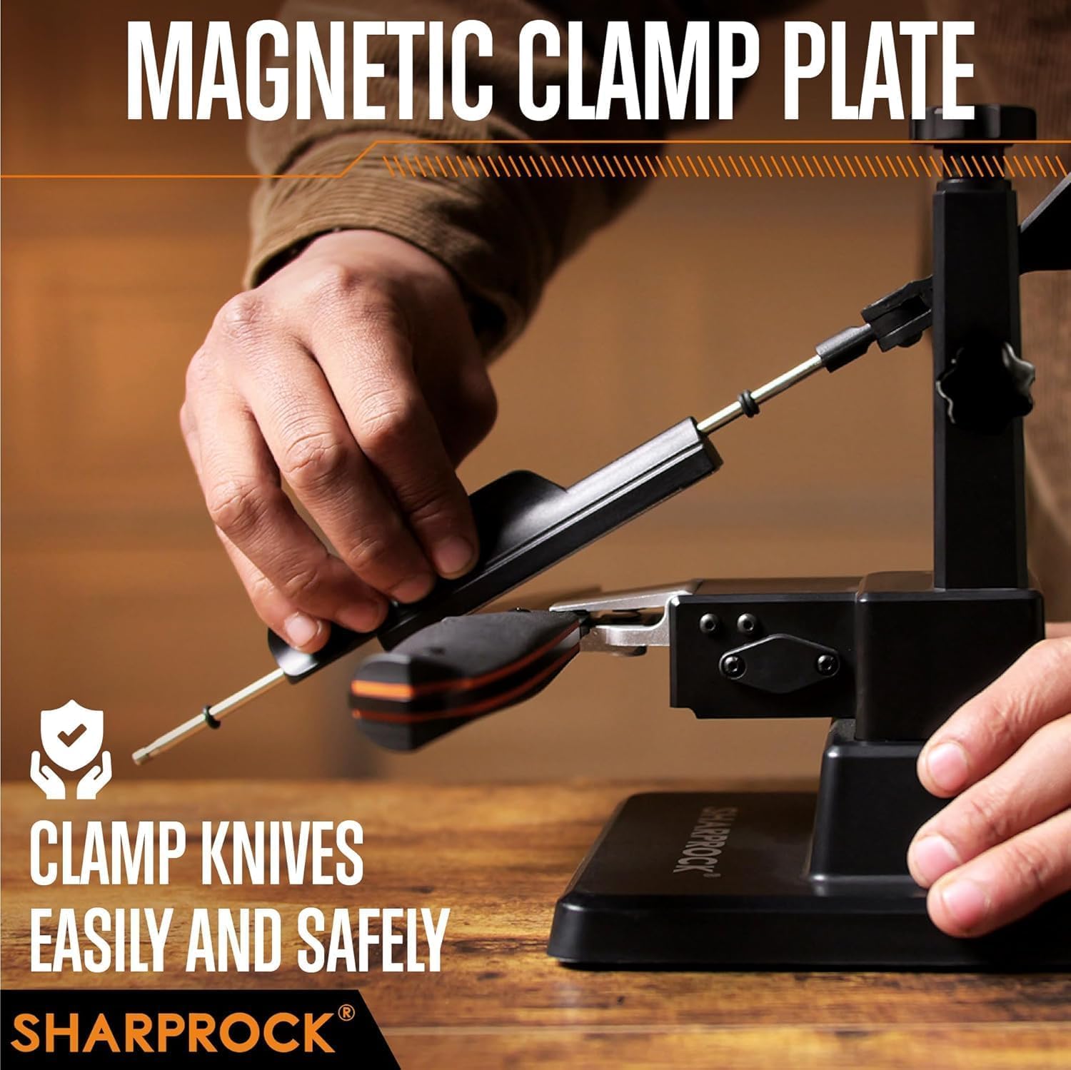 Sharp Rock knife sharpener uses ceramic and diamond blades for smooth sharpening