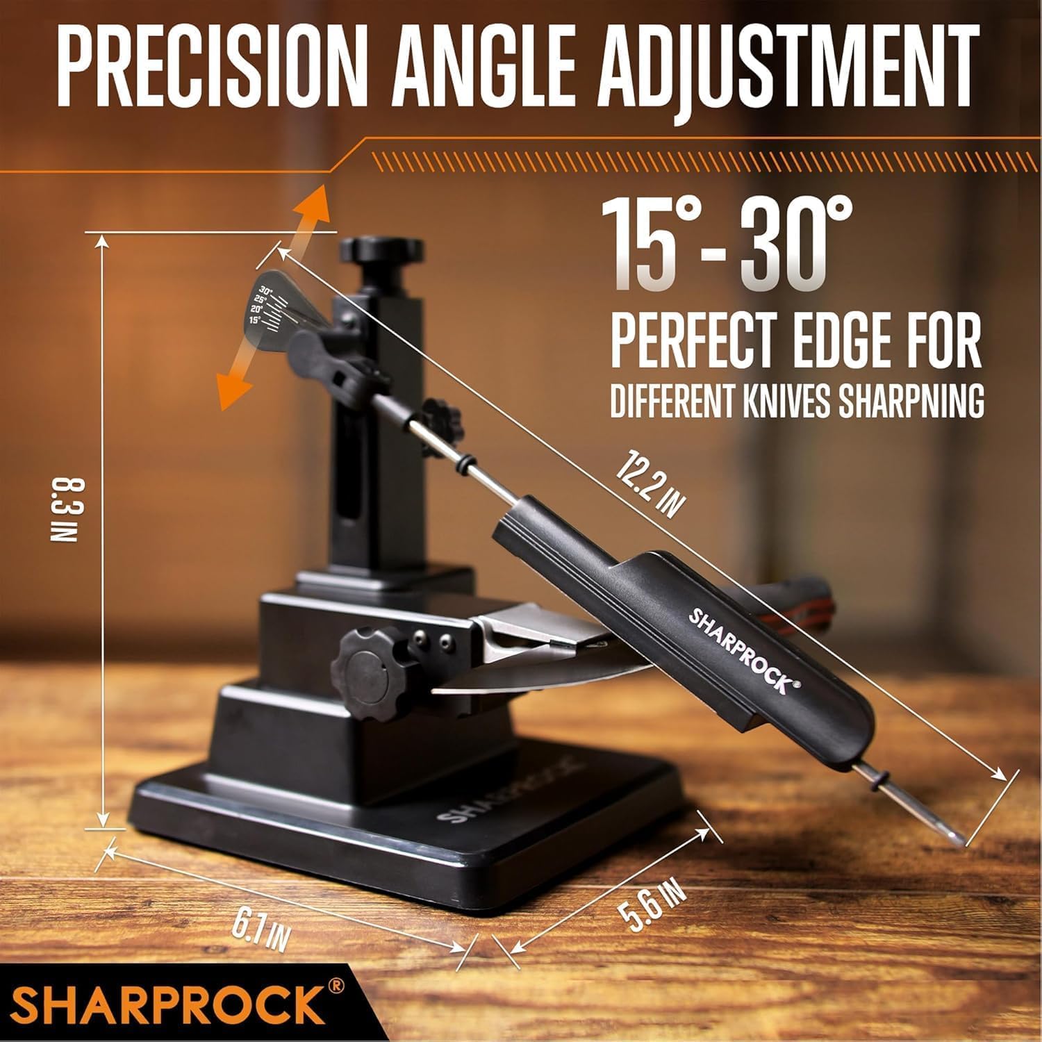 Sharp Rock knife sharpener shows pro-grade blades and multiple grits for versatile sharpening