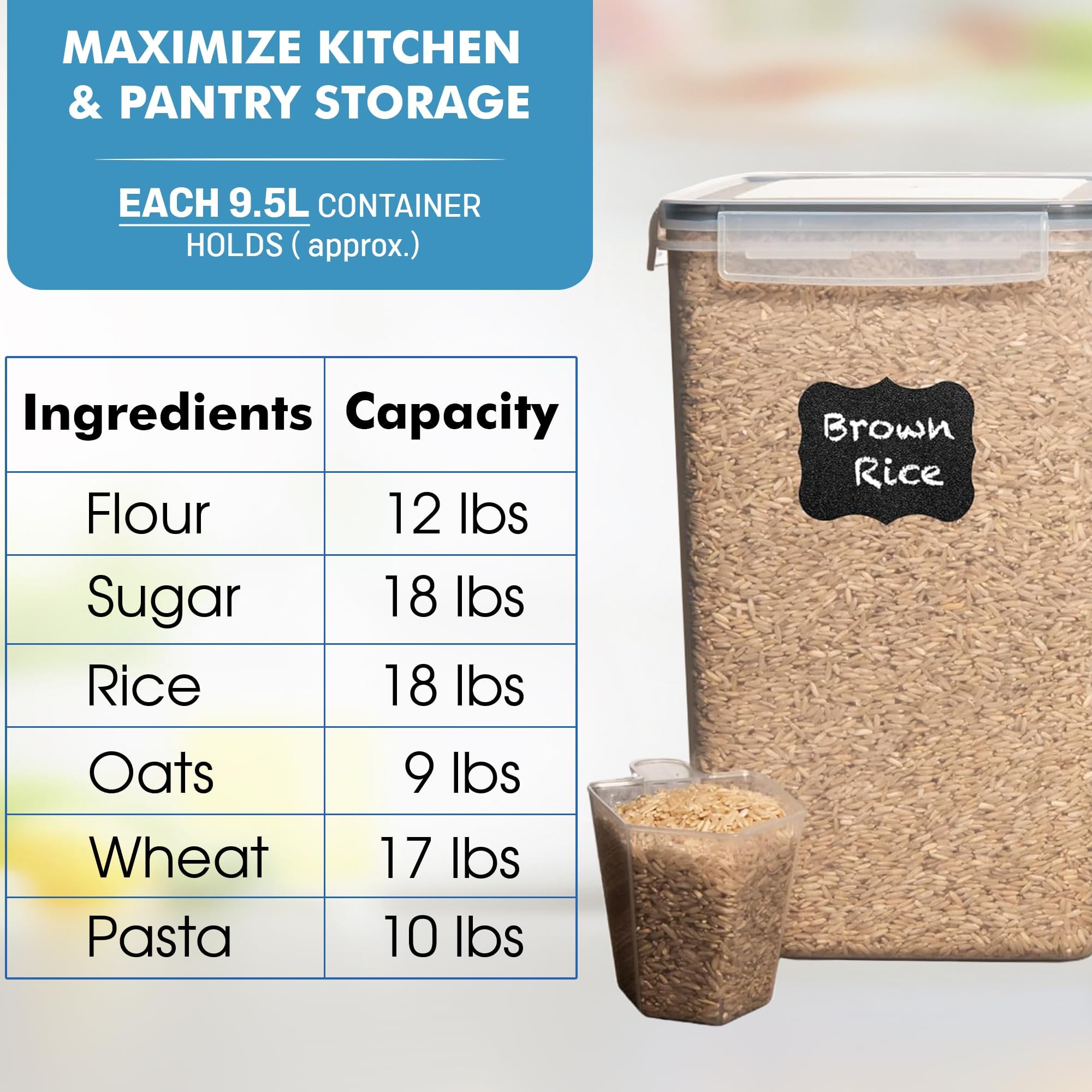 Shazo large rice and cereal containers keep bulk pantry organized.
