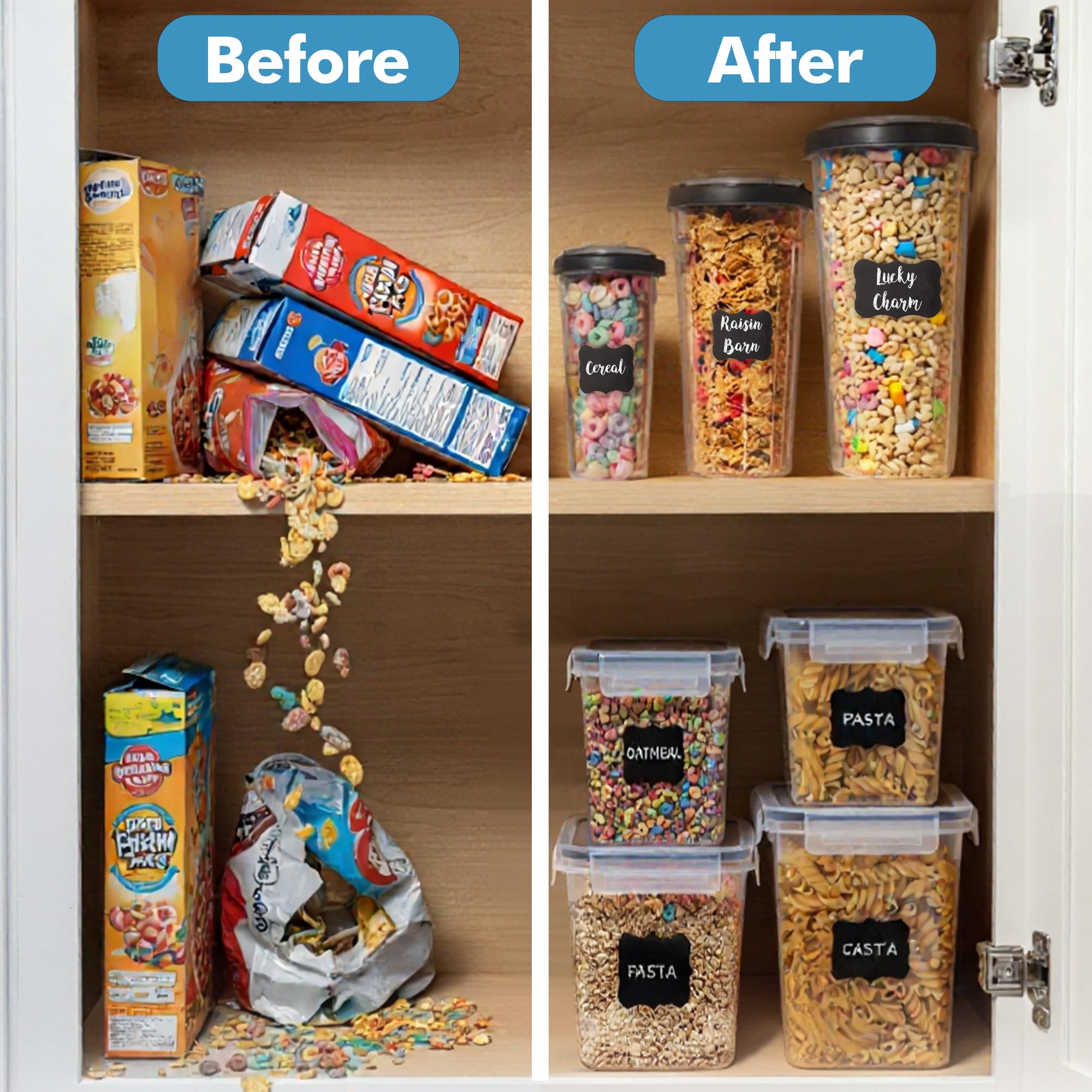 Shazo kitchen canisters neatly organized and easily accessible in cabinet.