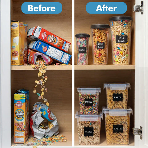 Shazo kitchen canisters neatly organized and easily accessible in cabinet.