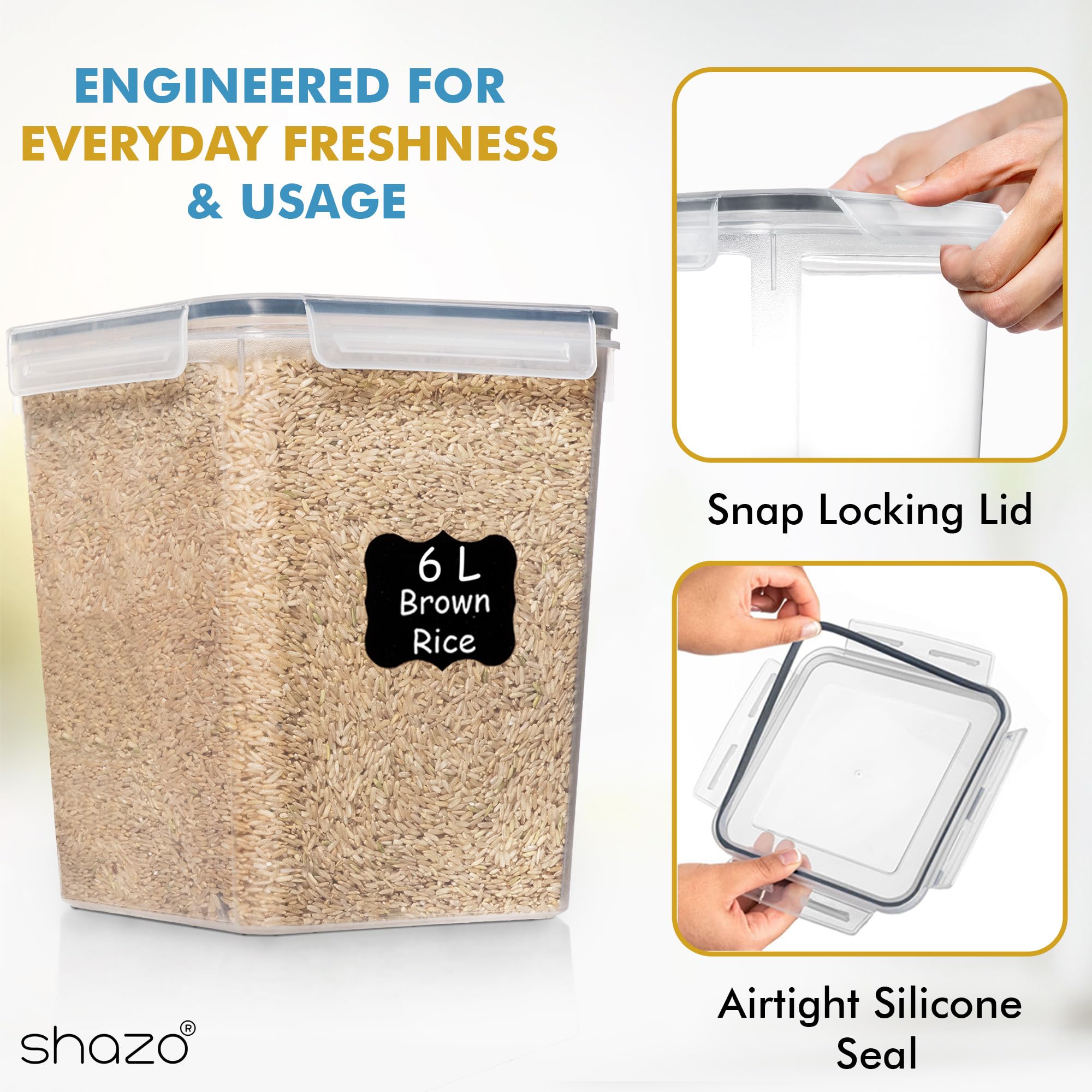 Shazo leakproof seal keeps moisture out and freshness in.