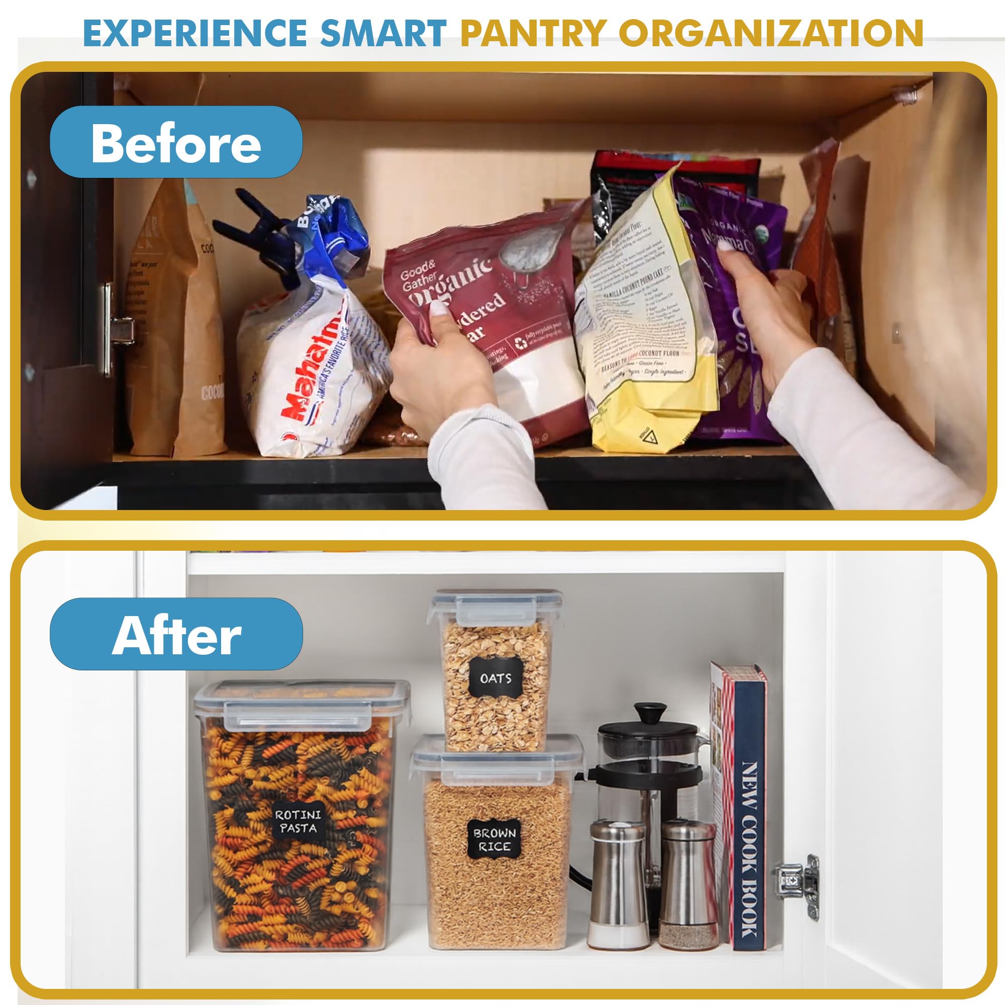 Shazo BPA-free plastic canister set for rice, pasta, and dry foods.