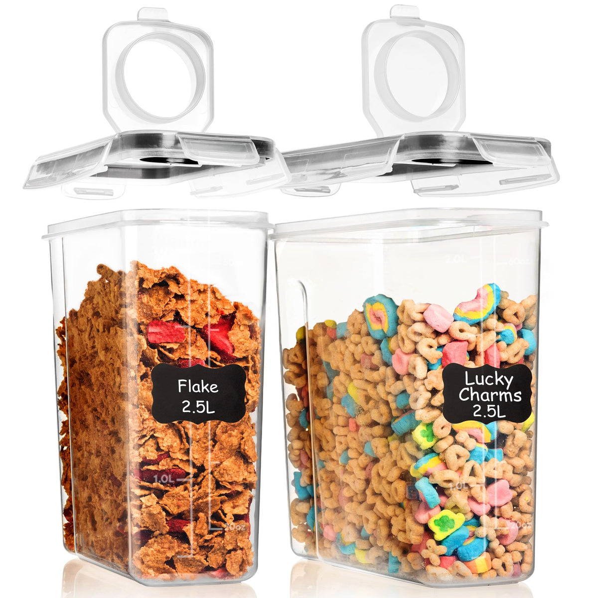 Shazo two-pack cereal containers with snap-lock lids help keep cereal fresh.