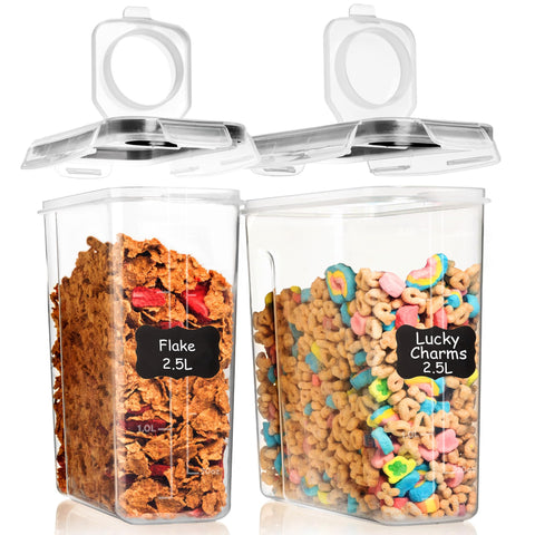 Shazo two-pack cereal containers with snap-lock lids help keep cereal fresh.