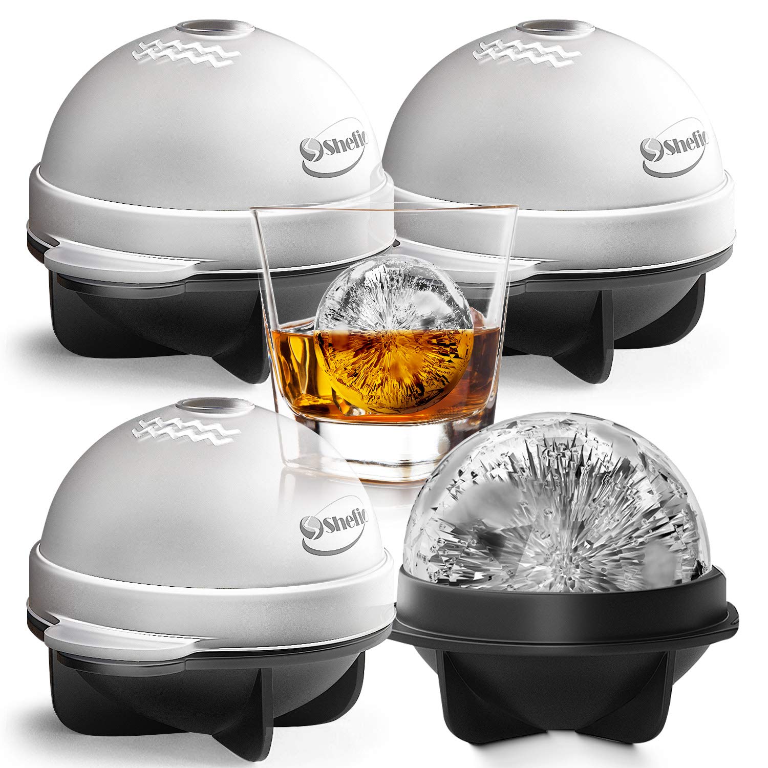 Shefio bourbon ice cubes round mold closeup shows slow-melting spheres